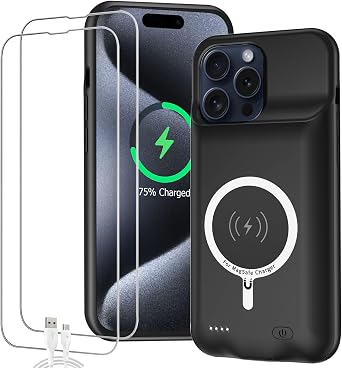 Battery Case for iPhone 15 Pro, Full Encircle 10000mAh High Capacity Rechargeable Portable Charger Case Extended Battery Pack for iPhone 15 Pro 6.1 inch Wireless Charging Cover with Carplay-Black