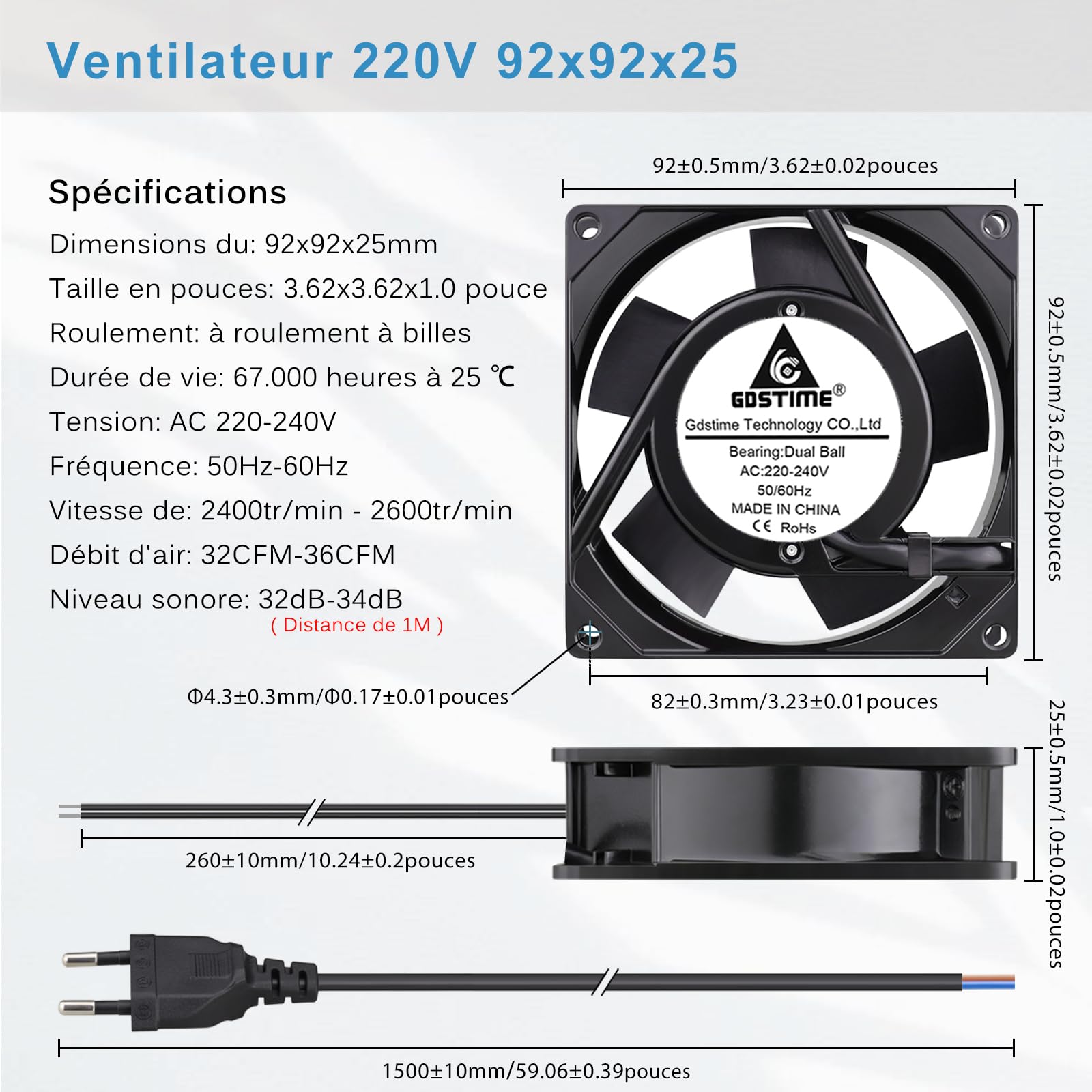 GDSTIME Ventilateur 92mm 220V 92x92x25 Ventilateur PC à roulement à billes | ventilateur 220v 92mm ventilateur pc 92mm 230v ac fan pour refroidissement