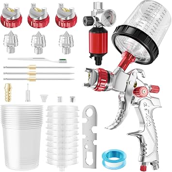 GATTLELIC HVLP Spray Gun with Air Compressor Regulator 10pcs 600cc Mixing Cup and Lids, Air Spray Paint Gun with 1.4/1.7/2mm Nozzles, Automotive Paint Sprayer for Car, House Painting, Furniture