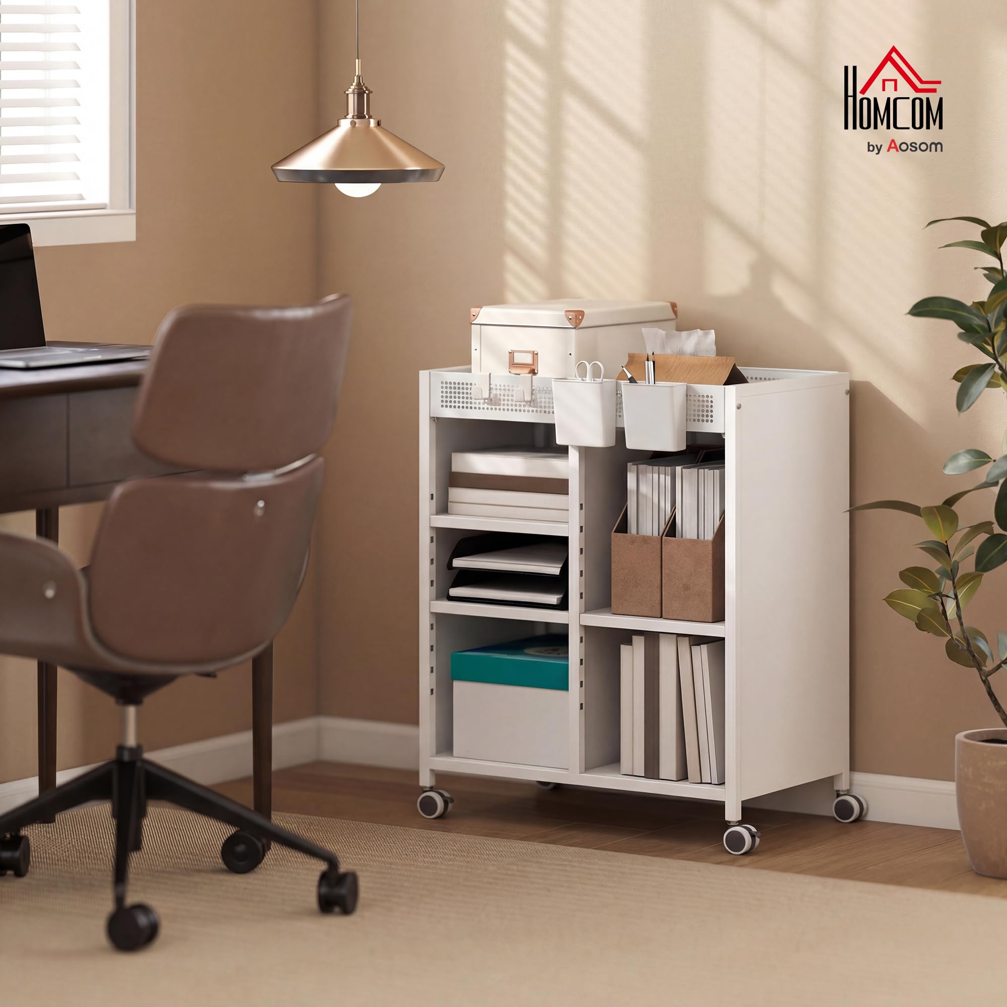 HOMCOM Bücherregal mit Rollen, Bücherwagen mit 4 Ebenen, oberem Aufbewahrungskorb, verstellbaren Regalen, Rollwagen für Zuhause, Wohnzimmer, Büro, Weiß