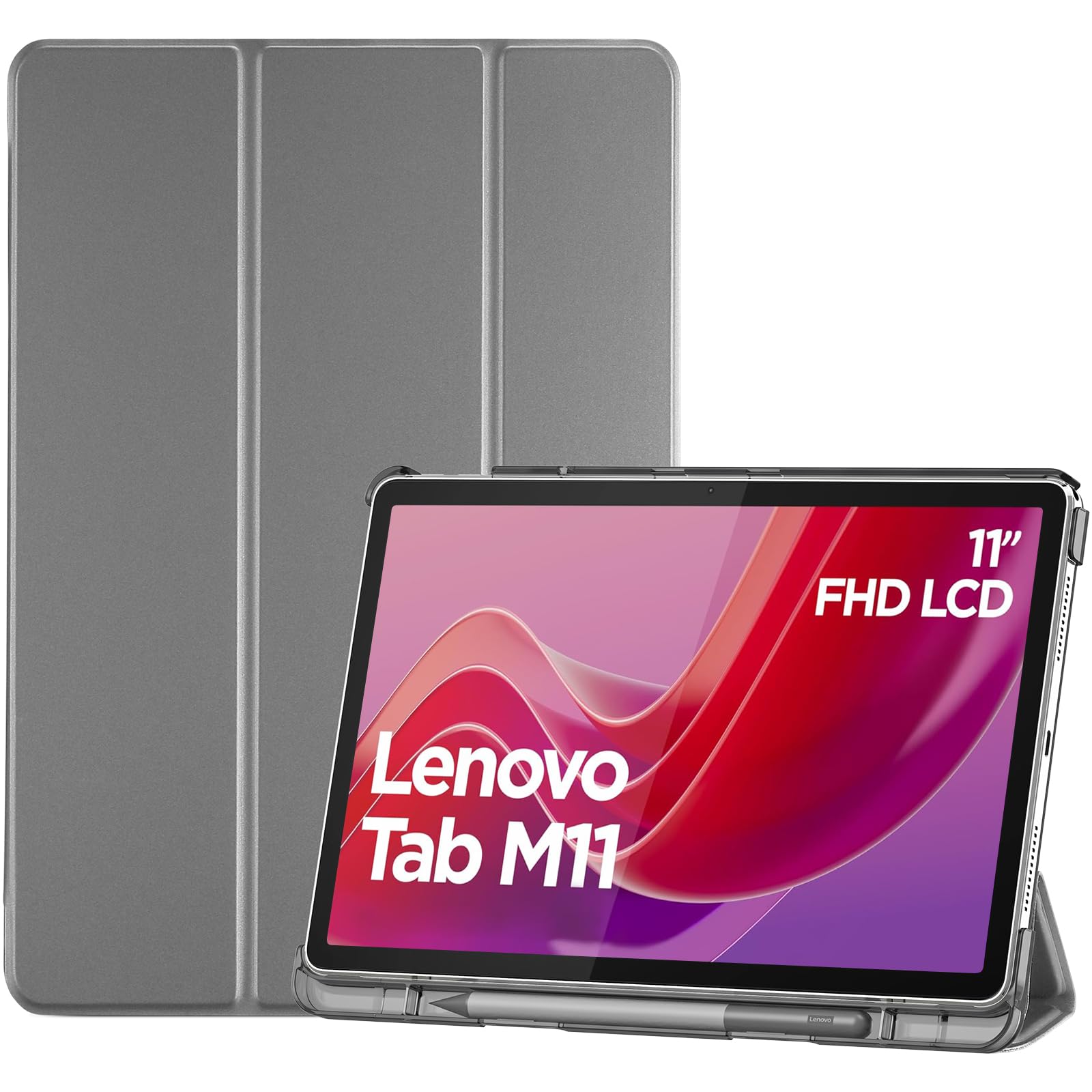 ProCase Hülle für 11" Lenovo Tab M11 2024, Tab K11e mit Stifhalter, Ultra-Dünn & Leicht Smart Case Cover- Grau