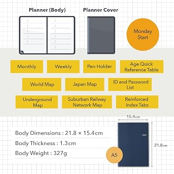 NOLTY Access A5-5 Weekly Planner 2026, January Start, Japanese Edition, Navy Blue, 2026-6481