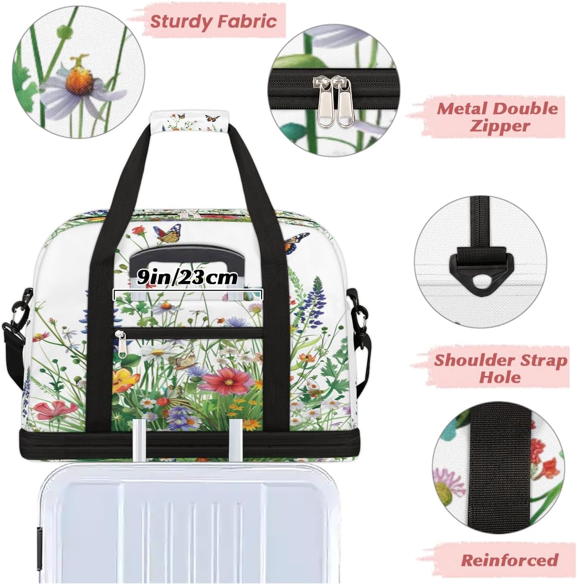 Flower Rainbow Butterfly Pretty Large Weekender Overnight Bags Travel Duffel Bag for Women Men Gym Bag With Shoe Compartment Foldie Travel Tote Bag Carry On Personal Item Bag for Travel Gym Sports