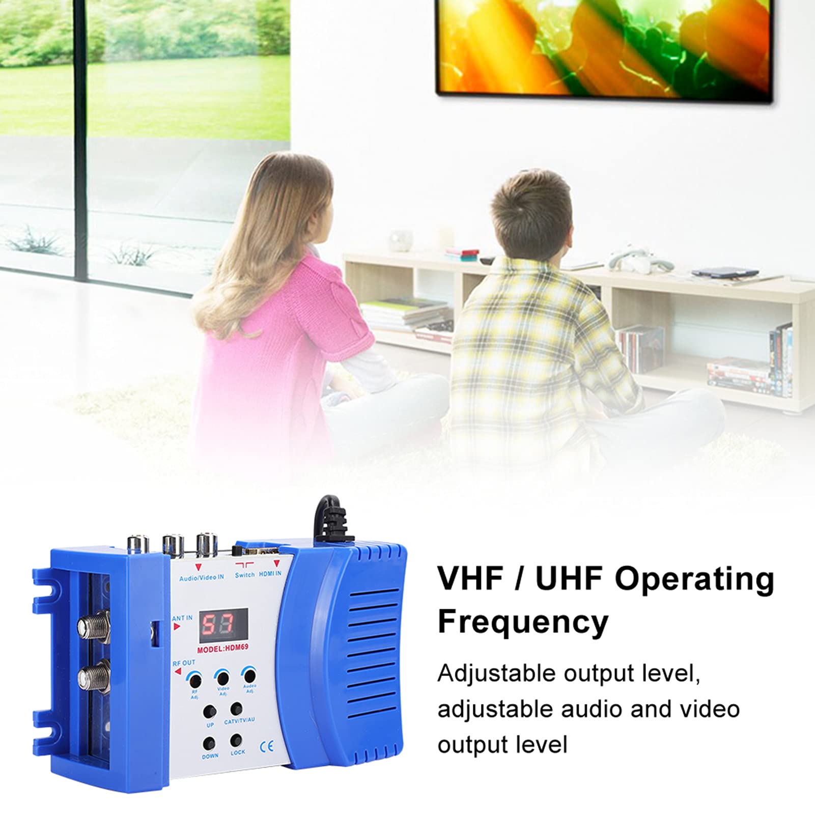Modulator RF HDMI, Cyfrowy Konwerter AV na RF HDM69 Standardowy Przenośny Modulator VHF UHF PAL dla Regulowanego Poziomu Wyjściowego EU 100‑240 V