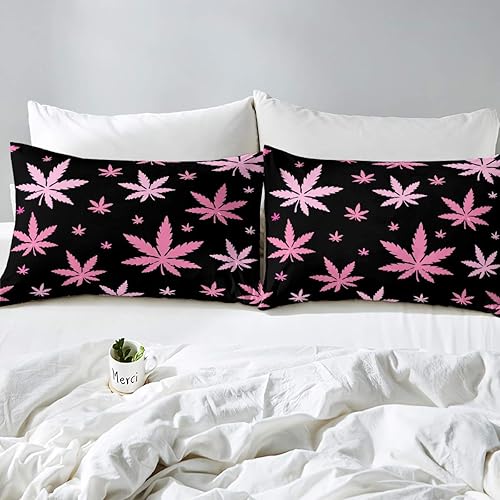 Miniatura 3 de Feelyou Juego de ropa de cama de hojas de marihuana rosa con hojas de cannabis para niños y niñas, funda de edredón de cáñamo botánico de lujo,