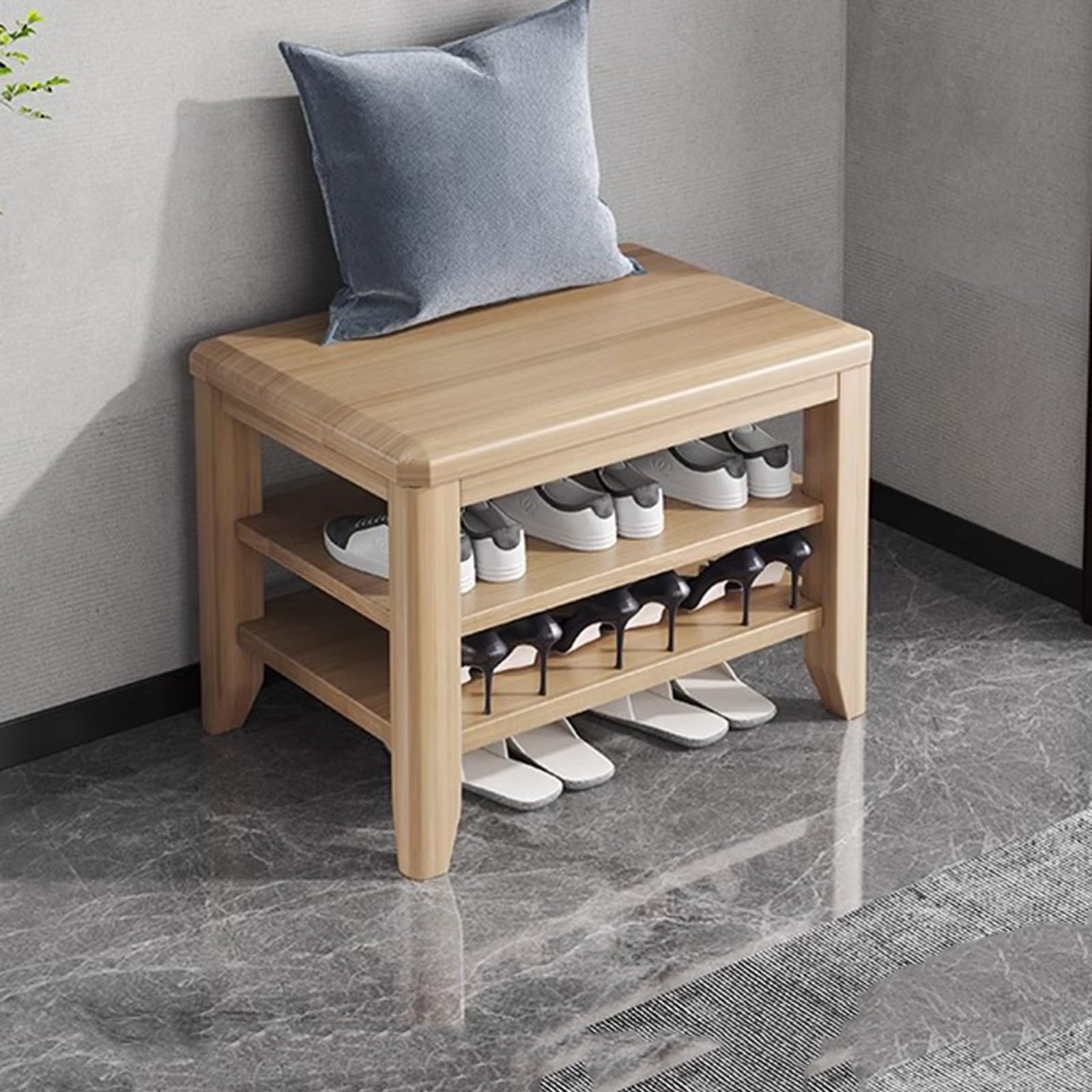 Rangement chaussures bois massif avec banc ottoman 2 niveaux et étagères modulables entrée
