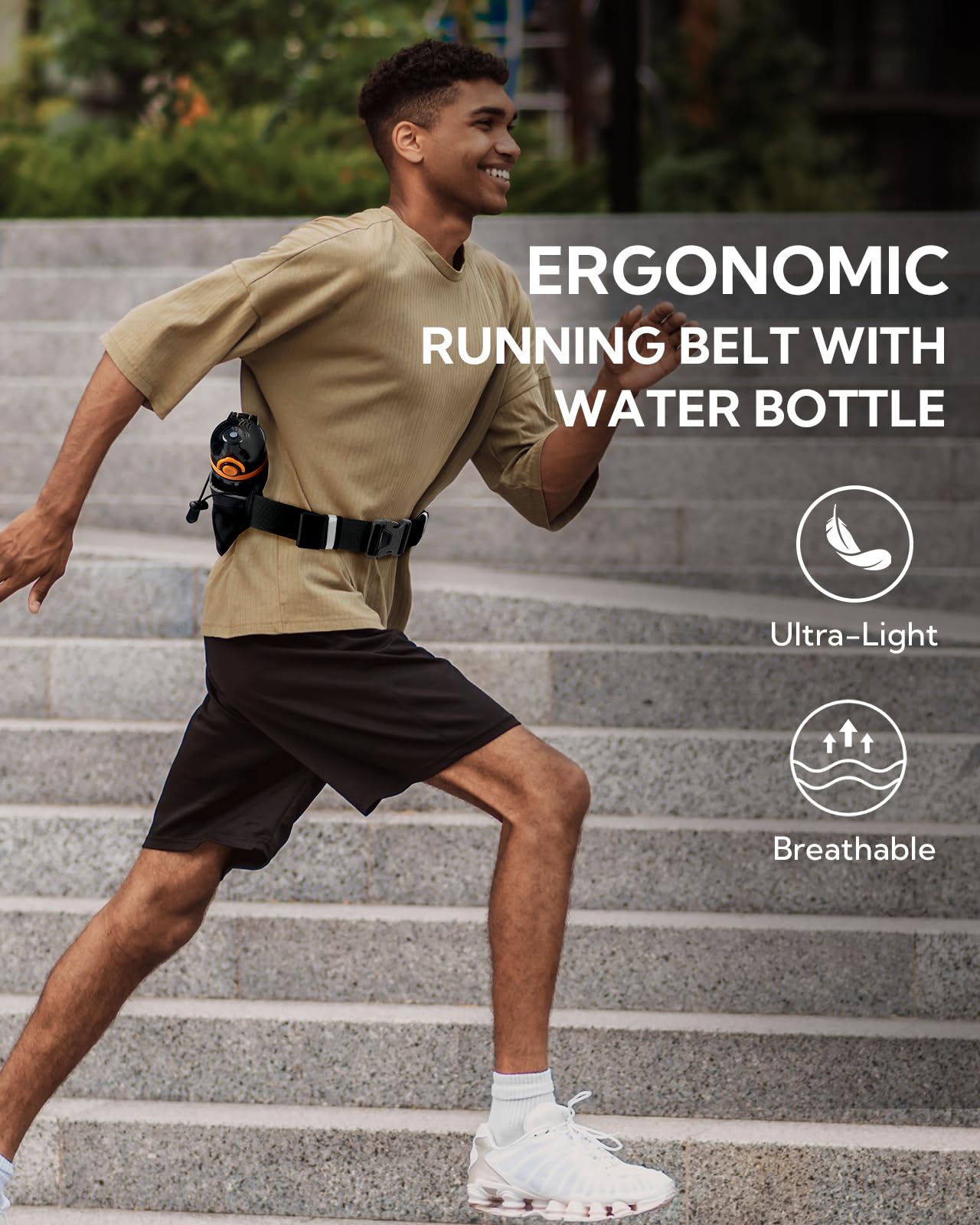 WATERFLY Ceinture pour bouteille d'eau de course : sac banane d'hydratation pour homme et femme avec porte-bouteille pour coureurs, marche, randonnée, jogging, noir, Medium, Support stable pour
