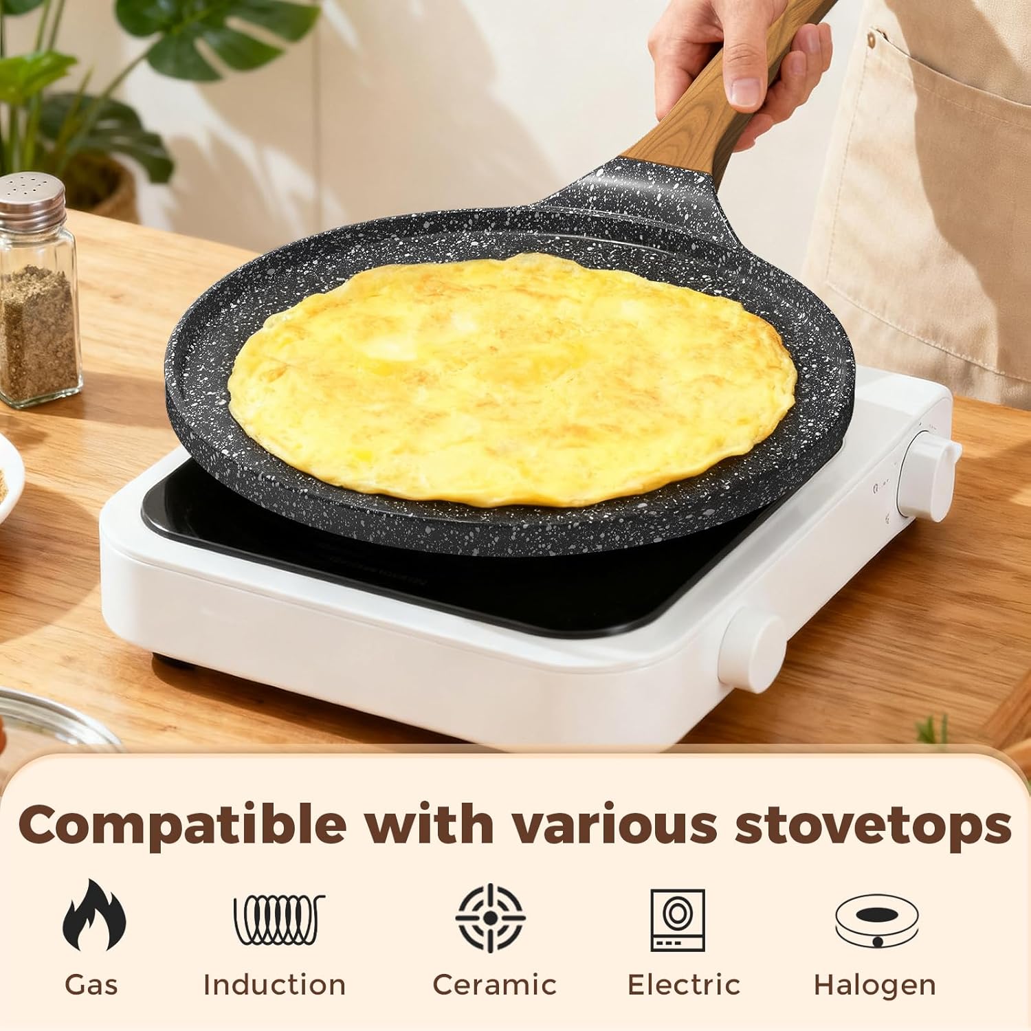 Graphic showing the YASHE crepe pan on an induction cooktop, with icons for Gas, Induction, Ceramic, Electric, and Halogen compatibility.