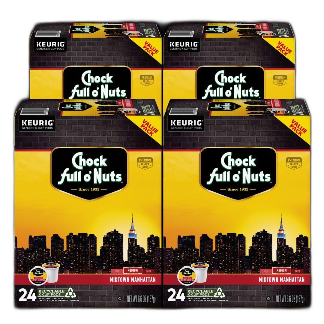 Chock Full o' Nuts Midtown Manhattan Keurig K-Cup Pods for Keurig Brewers – Premium Arabica, Medium Roast – Single Serve – 4 Packs of 24 K-Cup Pods