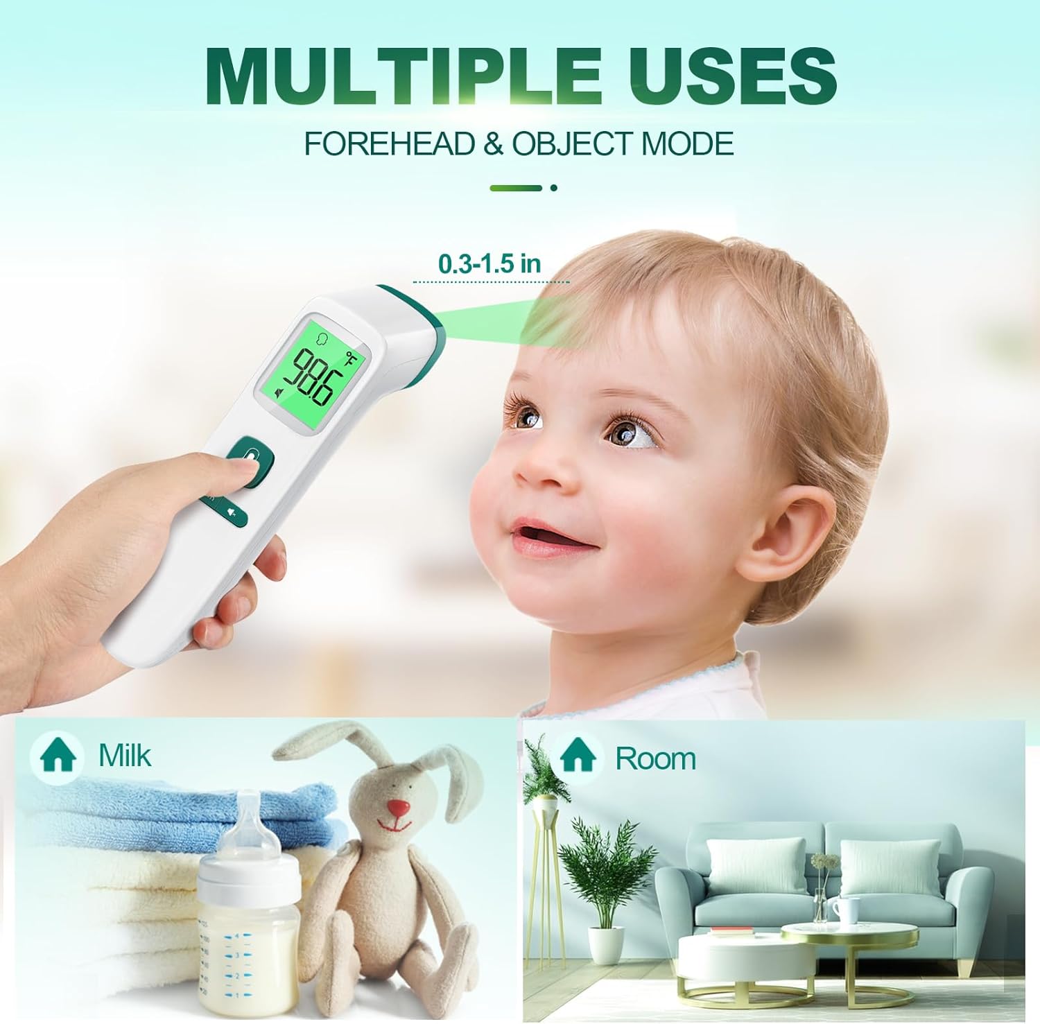 Image showing the GoodBaby thermometer being used on a baby's forehead, and for measuring milk and room temperature