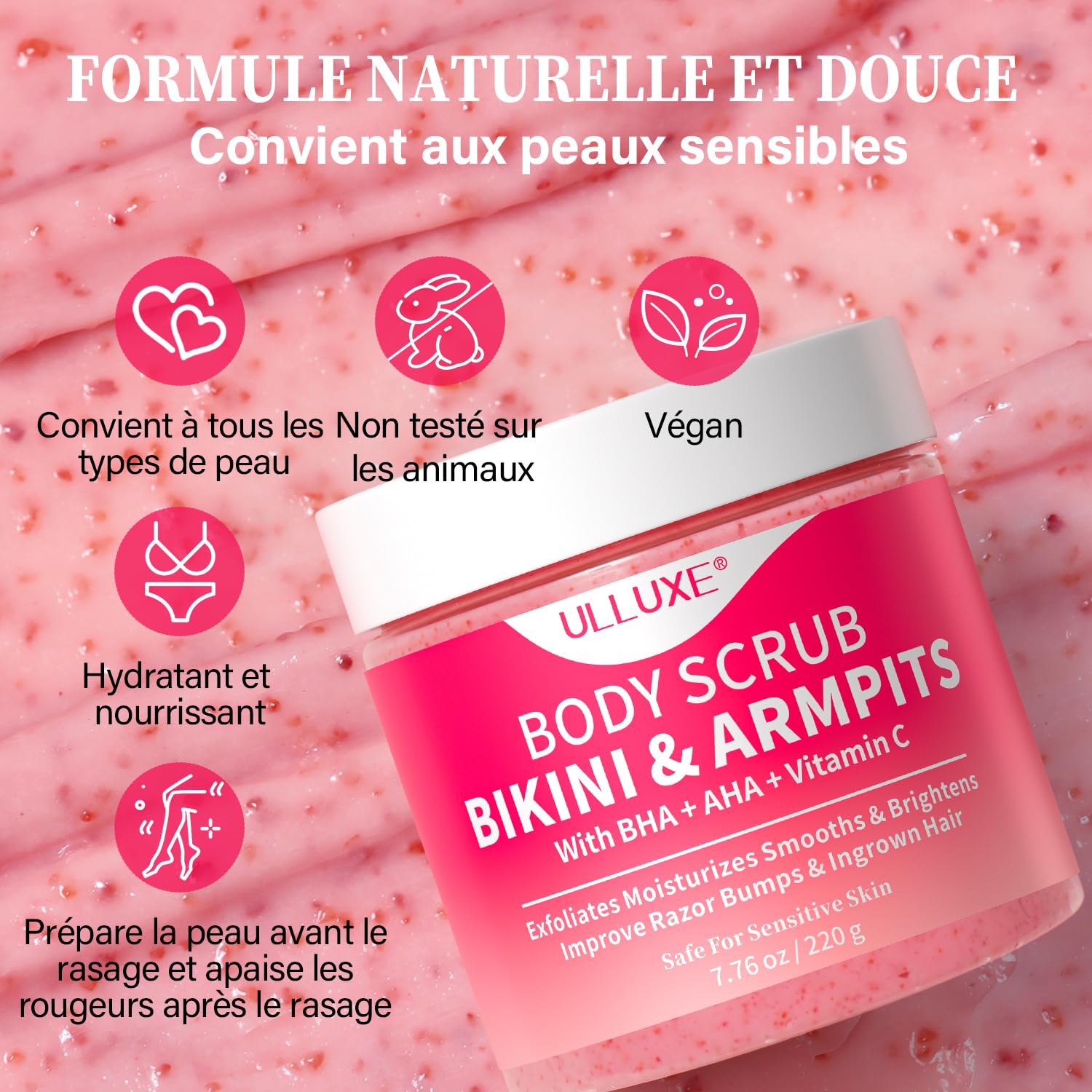 Gommage exfoliant pour le maillot avec 10% AHA + BHA et vitamine C, exfoliant pour le corps, élimine les poils incarnés, les boutons sous les aisselles, les taches brunes et unifie le teint, 200g