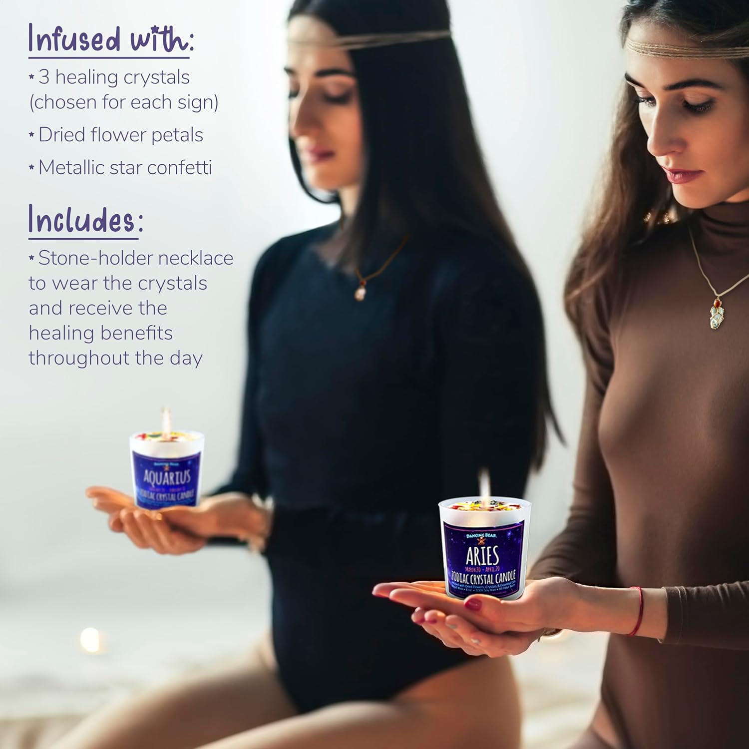 DANCING BEAR Aries Zodiac Candle Gift Box Set with 3 Healing Crystals & Stone Holder Necklace, 100% Soy Scented Wax, Crackling Wood Wick, 45 Hour Burn Time - Image 5