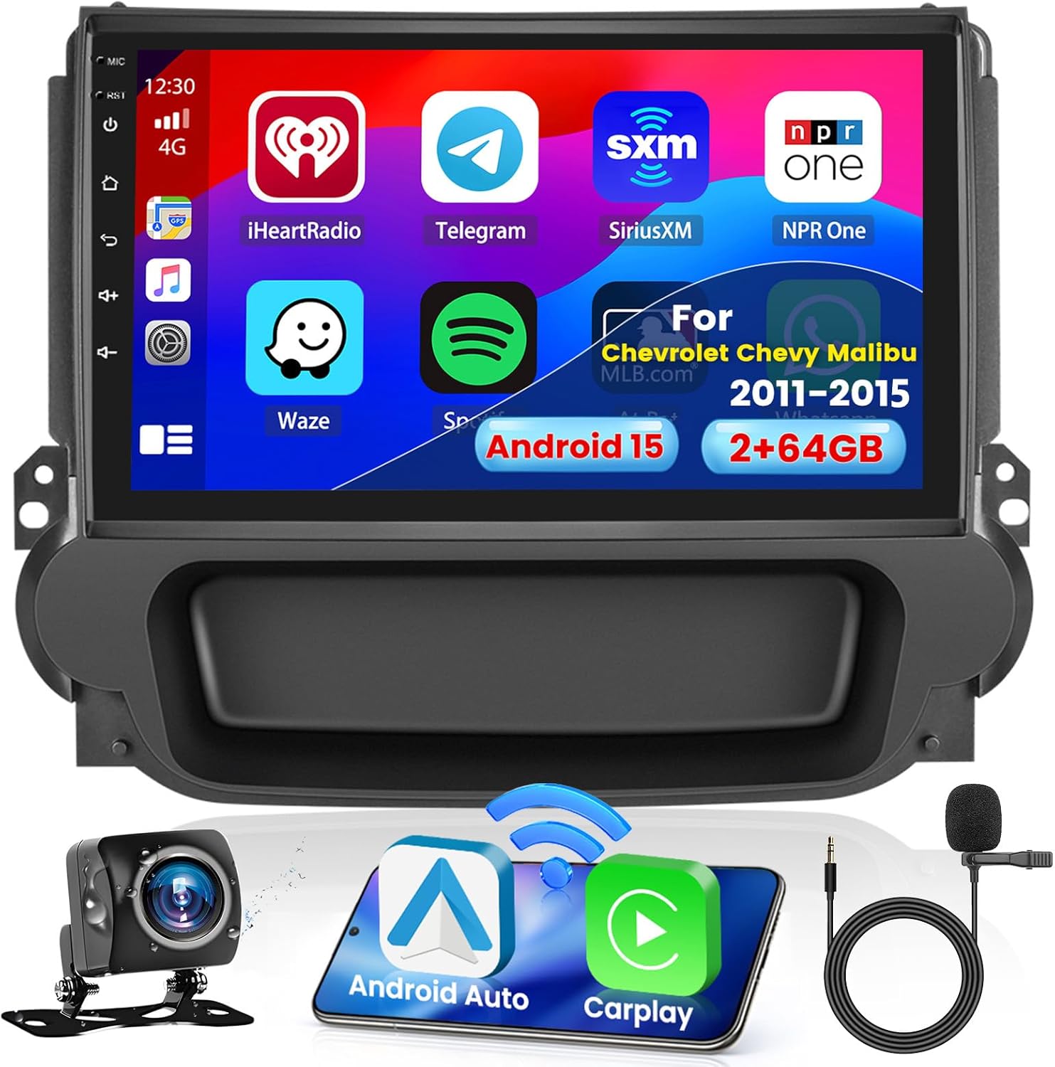 2+64G Radio for Chevrolet Chevy Malibu 2011-2015 CarPlay Car Stereo Android 15 Touchscreen 9" Android Auto Backup Camera GPS EQ 28UI