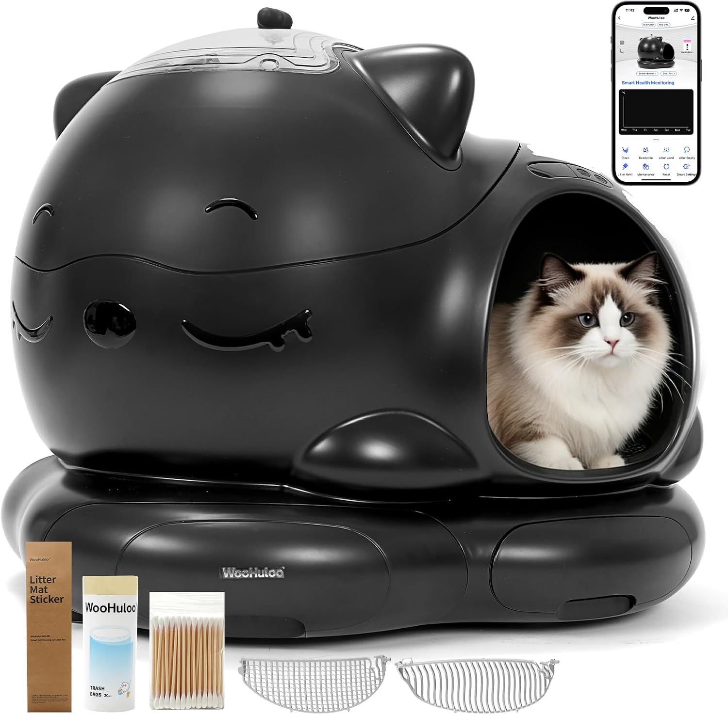 Automatic Cat Litter Box, Semi-Open Large Capacity with Triple Odor Removal System, App Control and Health Monitor, Safety Sensor, Cute Self Cleaning Litter Box for Multiple Cats (Black)