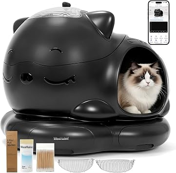 Automatic Cat Litter Box, Semi-Open Large Capacity with Triple Odor Removal System, App Control and Health Monitor, Safety Sensor, Cute Self Cleaning Litter Box for Multiple Cats Black