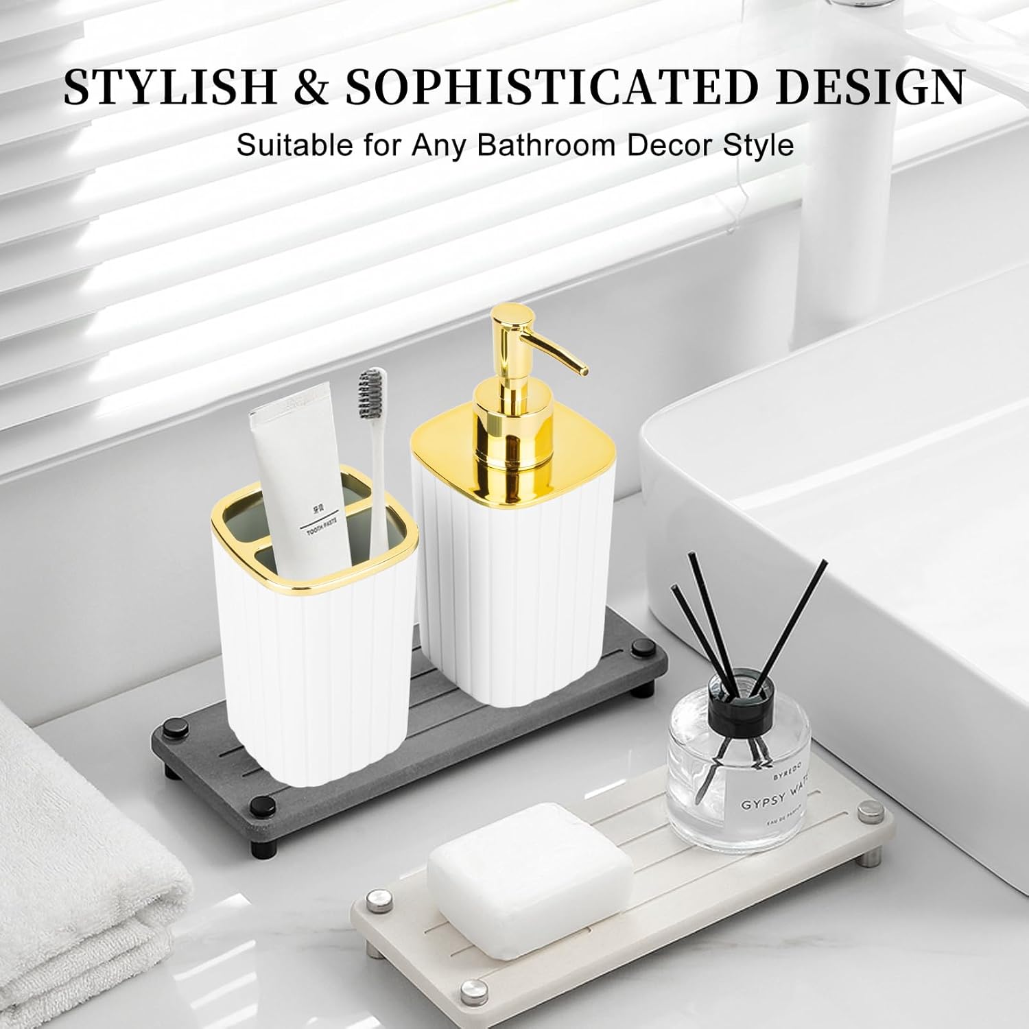 2PCS Bathroom Accessories Set, White and Gold Bathroom Accessories Include Soap Dispenser and Toothbrush Holder for Boho Bathroom Decor - Image 6