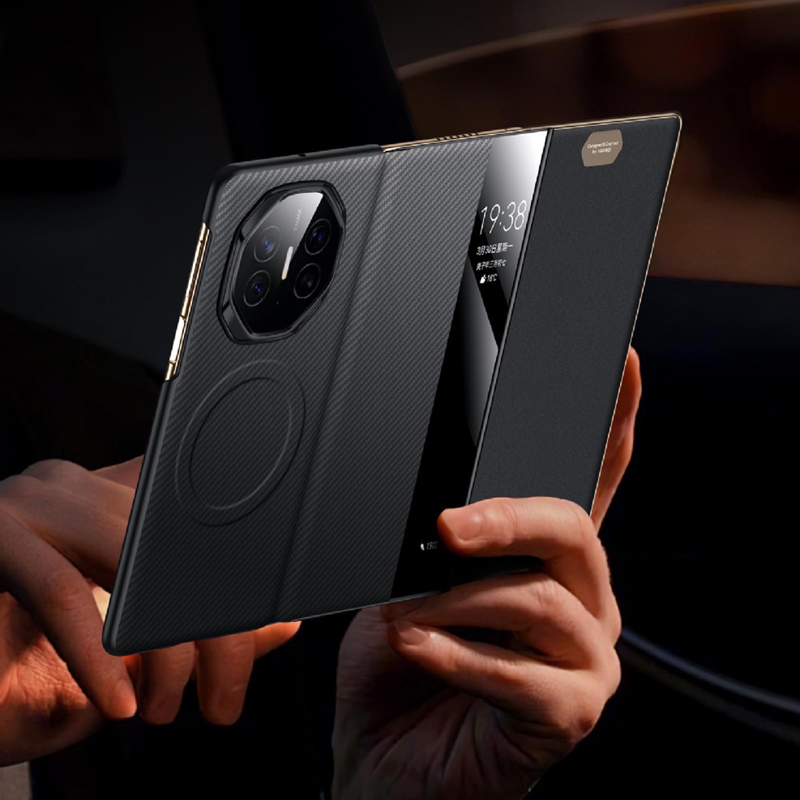 Magnetyczne skórzane etui do Huawei Mate XT, funkcja inteligentnego widoku okna, etui z klapką, tekstura włókna węglowego, wszechstronna obudowa, niebieska, Mate XT