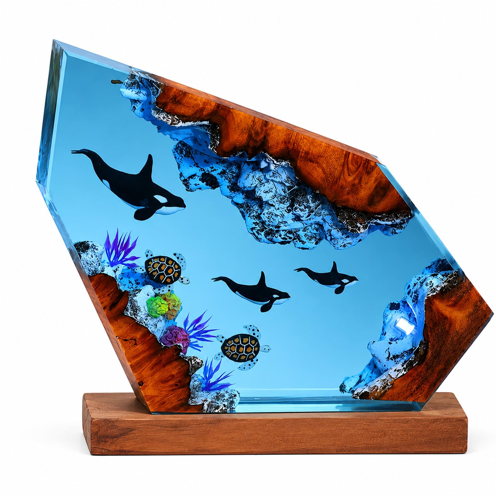 Drawelry 3D Ozean Figur Harz Statue Ornamente mit Holzsockel LED Nachtlicht Epoxidharz Meerestier Hai Wale Oktopus Taucher Figuren Skulptur Mini Meere Aquarium für Zuhause, Büro, Tisch Deko (C9)