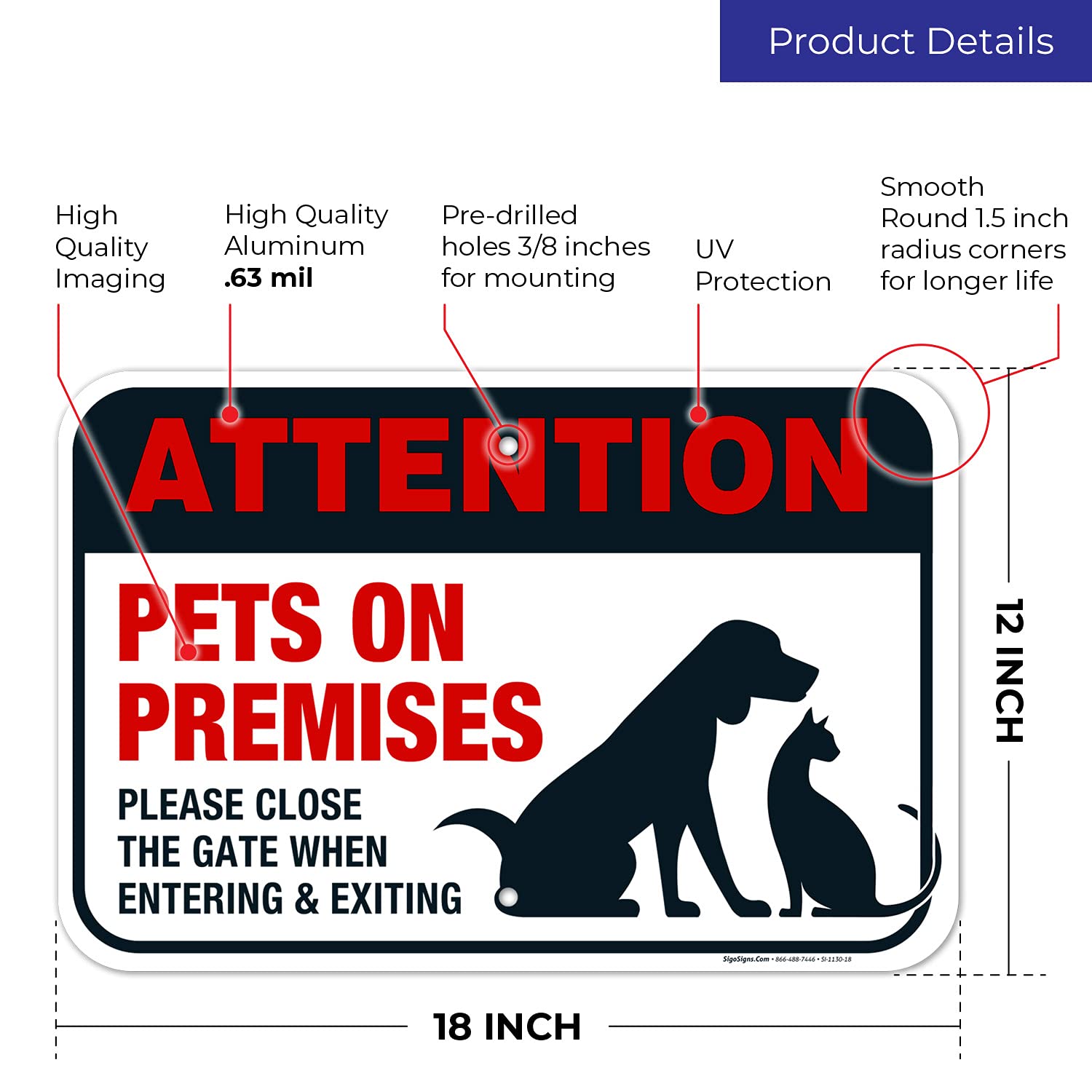 Keep Gate Closed Sign, Pets On Premises, 12x18 Inches, Rust Free .063 Aluminum, Fade Resistant, Made in USA