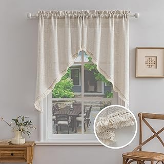 Beda Home Tassel Linen Textured Swag Curtain Valance for Farmhouses’ Kitchen; Light Filtering Rustic Short Swag Topper for Small Windows Bedroom Privacy Added Rod Pocket Design (Nature 36x45-2PCs)