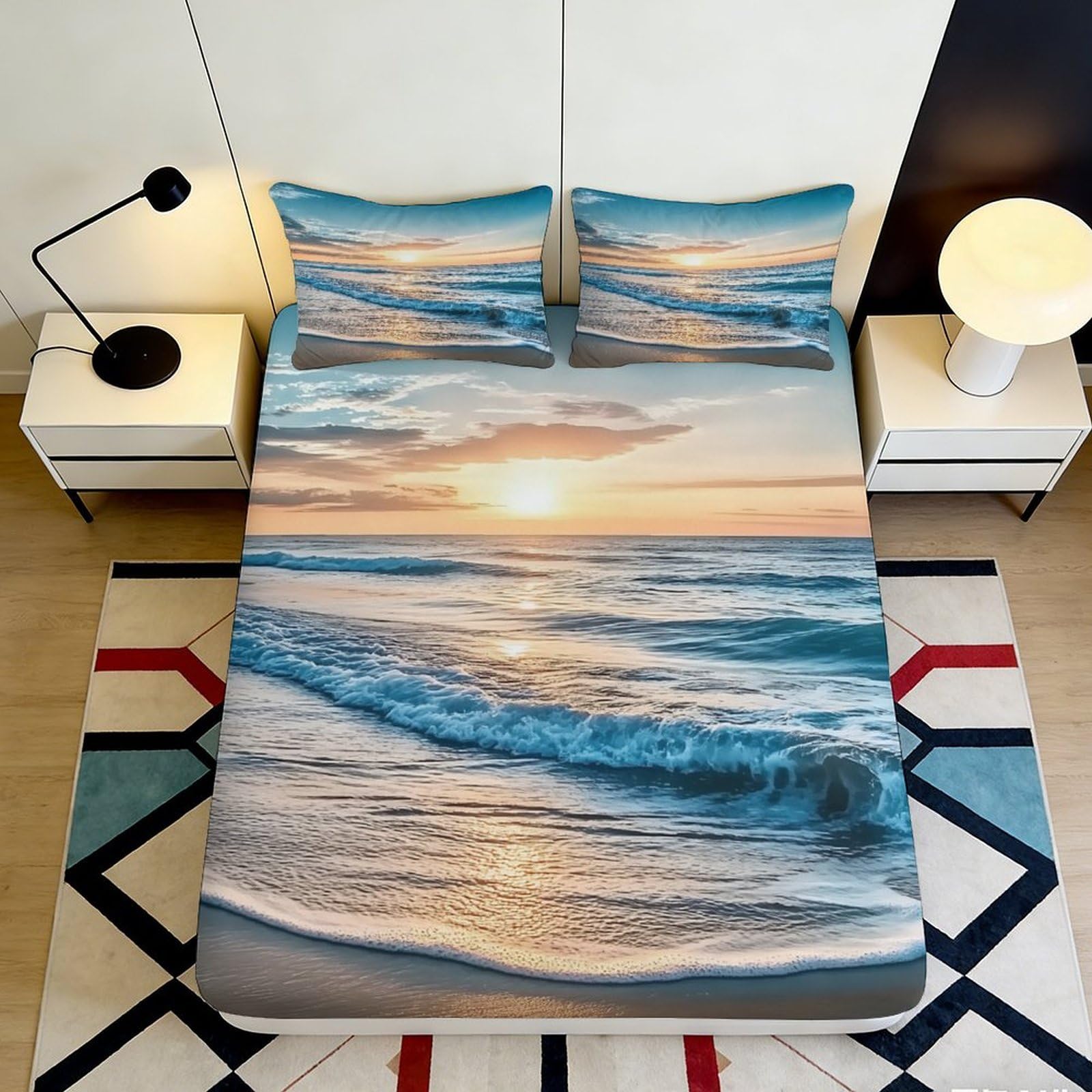 Pnayamiorkfel Style-2 3D Printed Ocean Sunset Fitted Sheet Microfiber Soft Slip-Resistant Beach Wave Mattress Cover Bedroom Decor 90X200x25cm