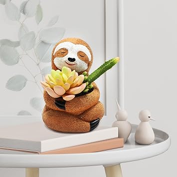 Sloth Animal Flowerpot Small Succulent Plant Pot with Drainage Hole Cute Resin Flower Pot Ornaments Home Desktop Greenery Decor for Gardening Enthusiasts Hugging