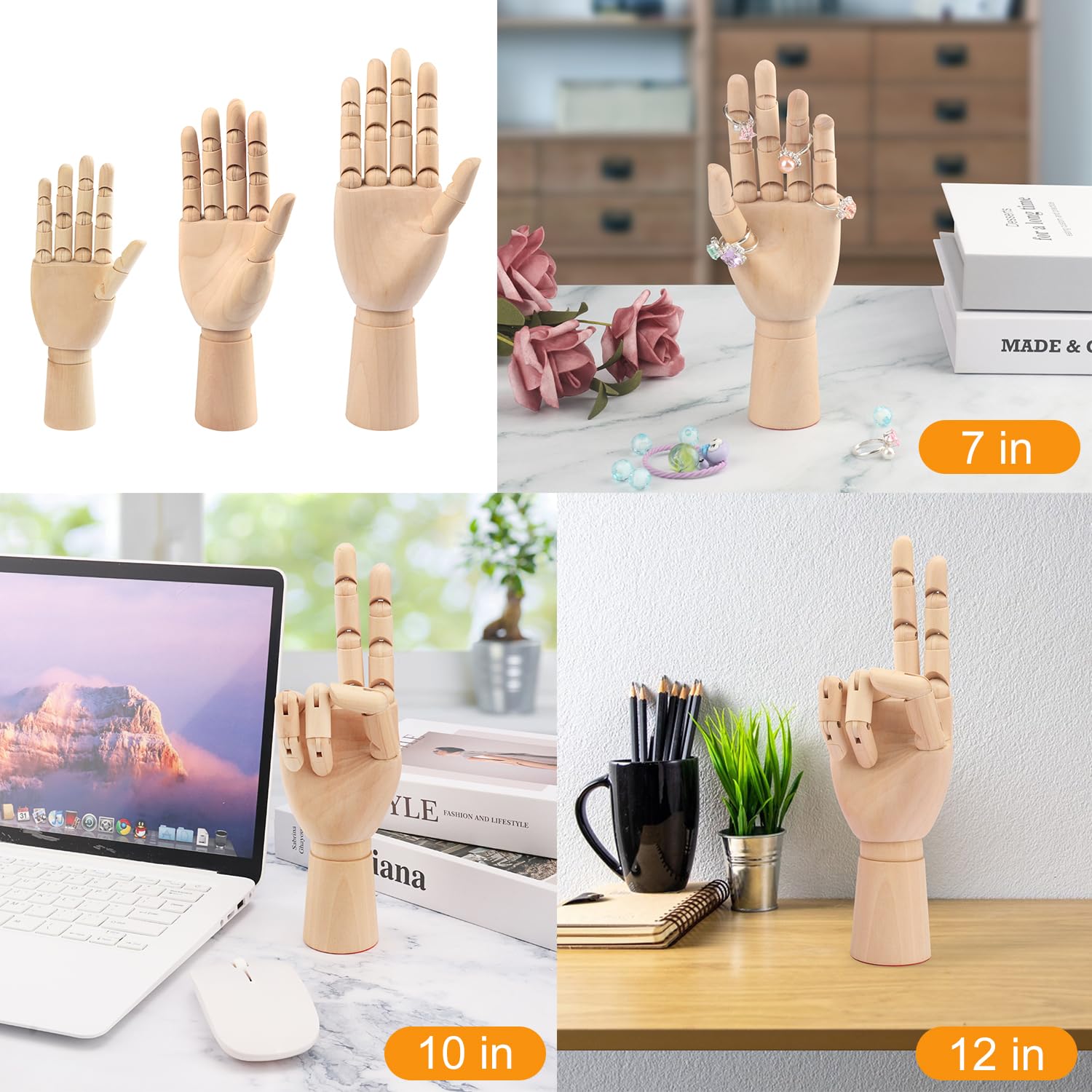 GNIEMCKIN Holz-Handmodell, 3 Stück, 30,5 cm, 25,4 cm, 17,8 cm, rechte Hand, Kunst-Mannequin-Figur mit Handschmuck, Dekoration, Skizzieren.