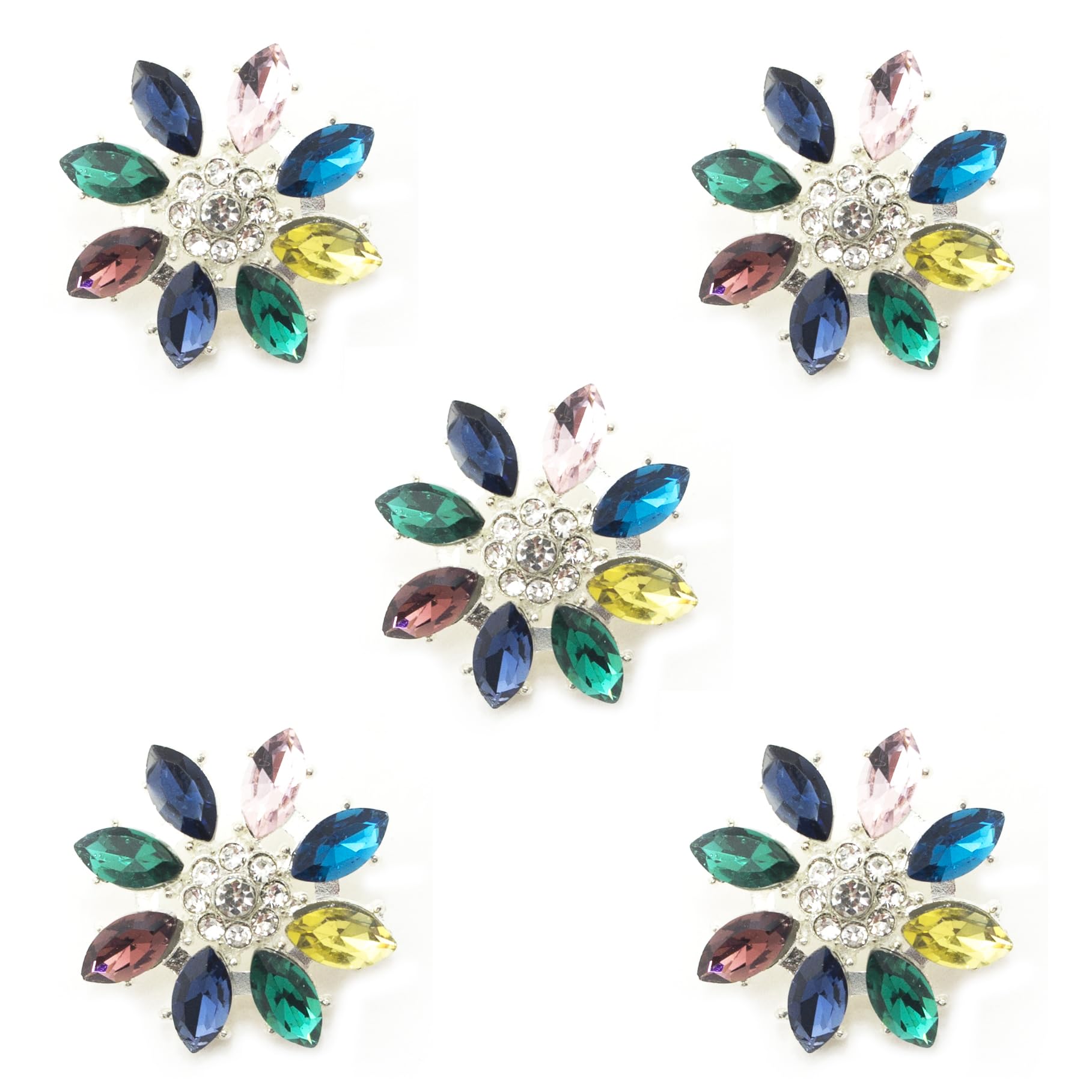 HAND® Set of 5 Clear and Coloured Crystal Buttons in a Silver Tone Metal Mount - 28 mm