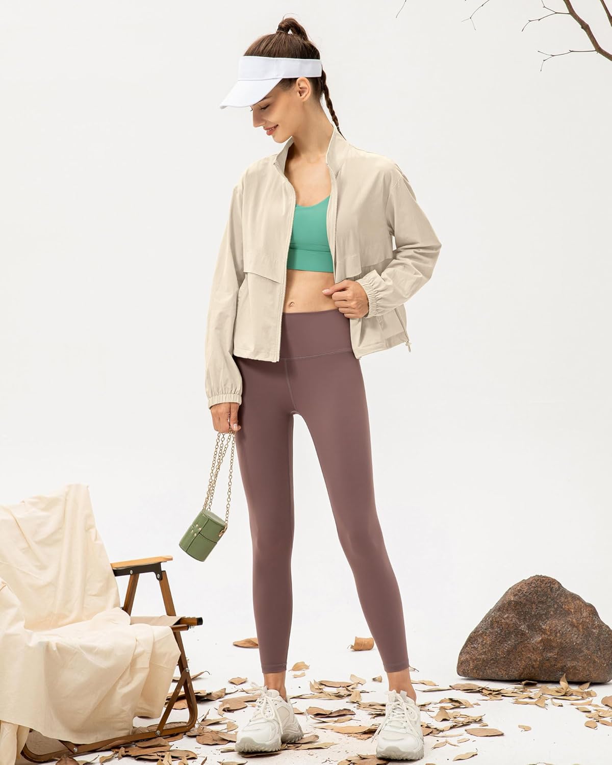 Locachy Women's Lightweight Zip Up Athletic Jacket Stand Collar Windproof Sun Protection Workout Outdoor Jacket Beige L - Image 5