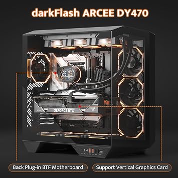 darkFlash Full-Tower ATX Gaming PC Case, Back Plug-in Motherboard, Vertical GPU Mounting, Dual-Chamber, Panoramic Glass, Up to 2 x 360mm Radiators, RTX 40 Compatible(DY470) (1 PWM ARGB Fan, Black)