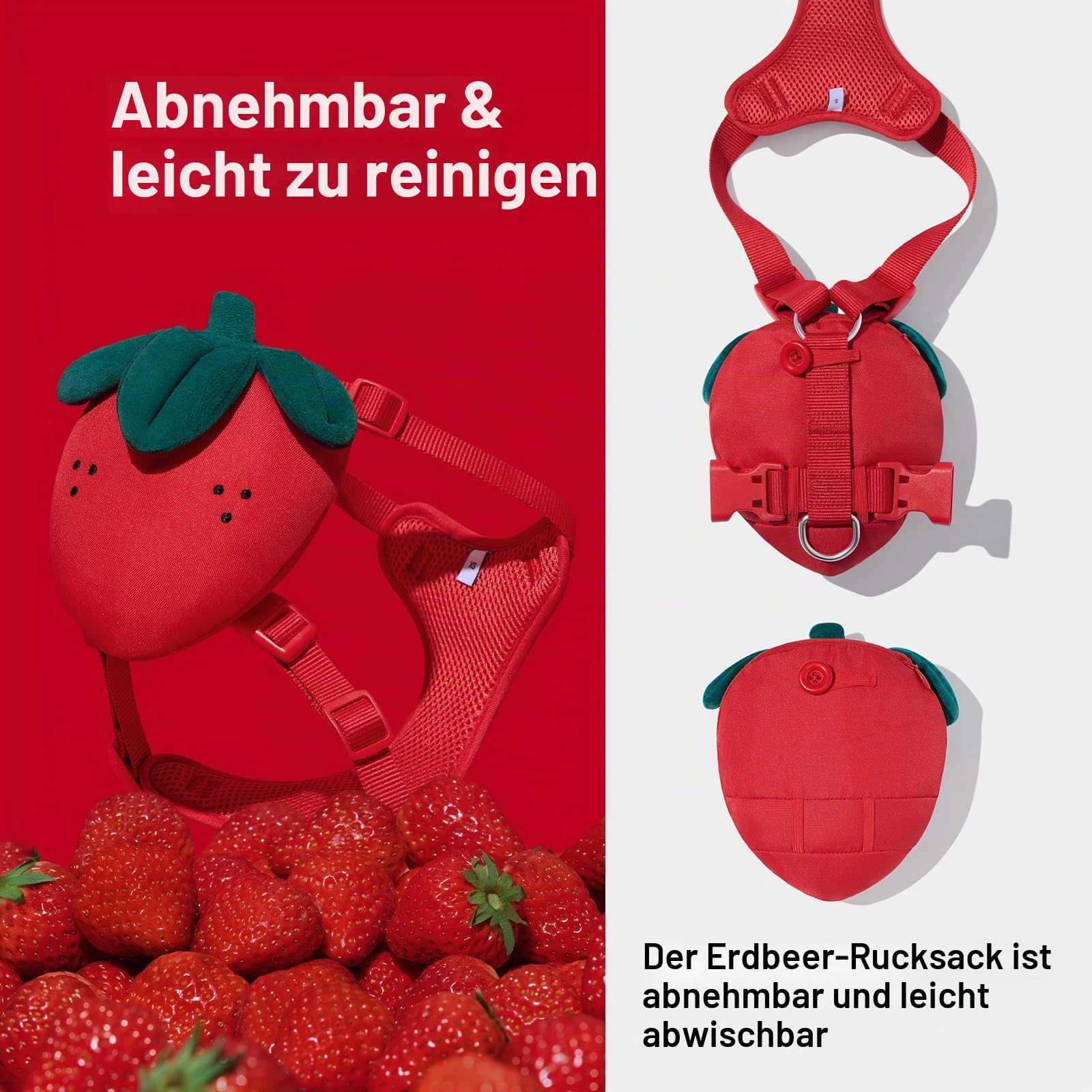 VETRESKA Set aus Geschirr und Leine für Hunde Strawberry, Geschirr ohne Zug für Spaziergänge und Dressur, verstellbar, leicht zu kontrollieren, gepolstert und weich, mit Rucksack (XXS)