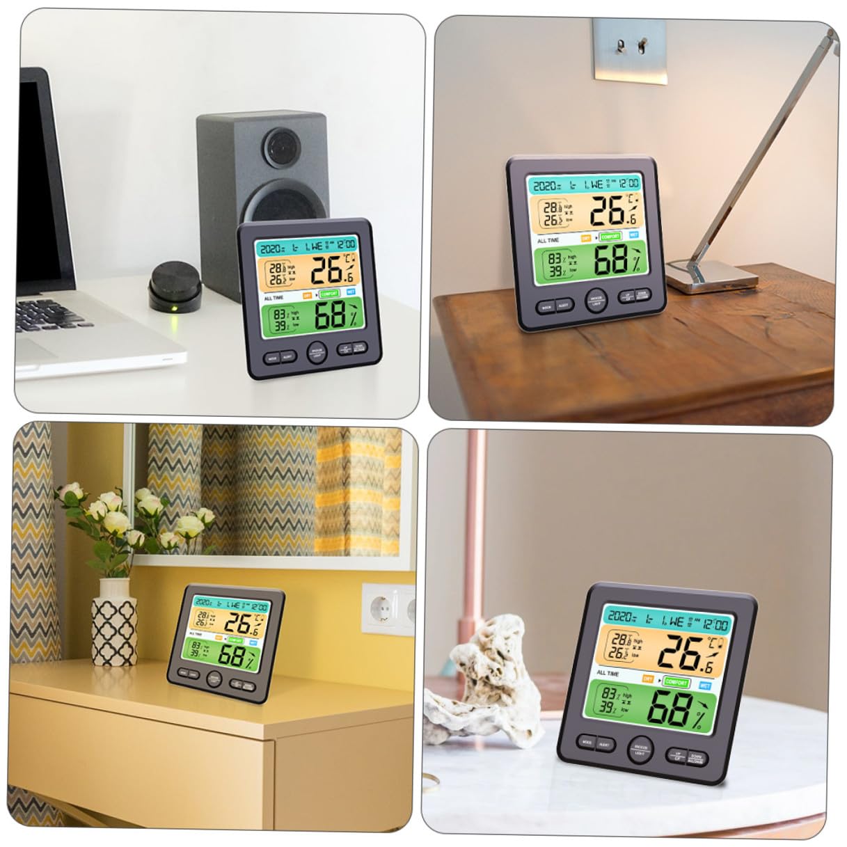 Thermohygrometer Uhr mit LED Display, Faltbarer Halter, Abs Schwarz | 1 Stück, ohne Batterie, für Wand oder Tisch, Temperatur ±1 °c, Luftfeuchte ±5 % Rh