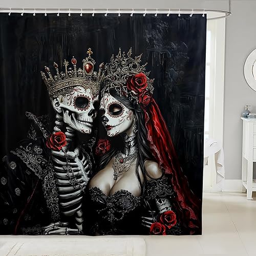 Juego de cortina de ducha para pareja, diseño de calavera exótica, accesorios de baño de esqueleto vintage, 72 pulgadas de ancho x 72 pulgadas de