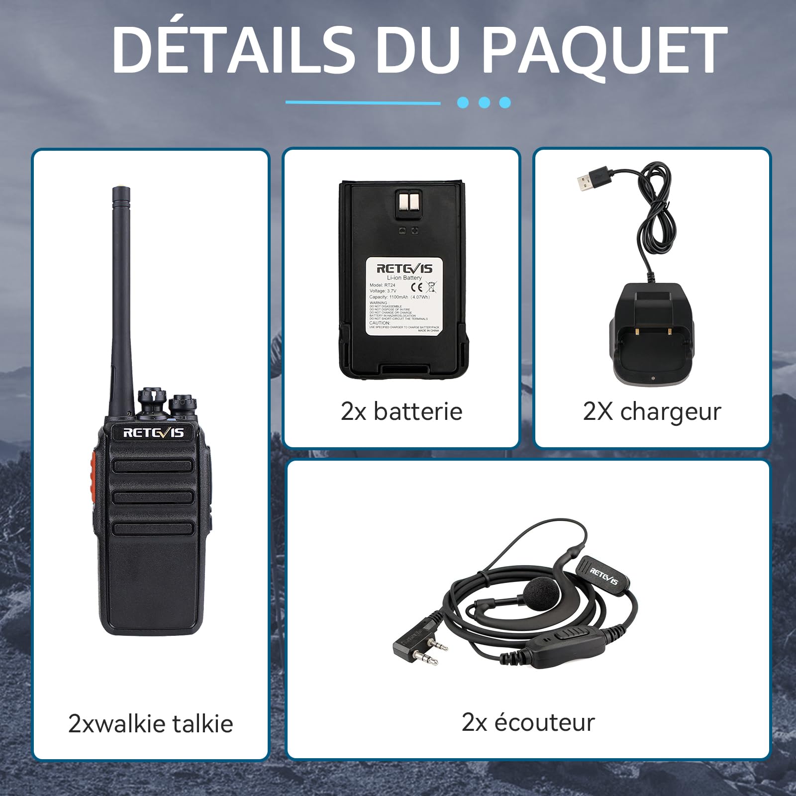 Retevis RT24 Plus Talkie Walkie, Longue Portée Professionnel, PMR446 Talkies-Walkies Radio Portable, Rechargeable avec Oreillette et USB Base de Chargement, pour Randonnées, Camping (Noir, 1 Paire)