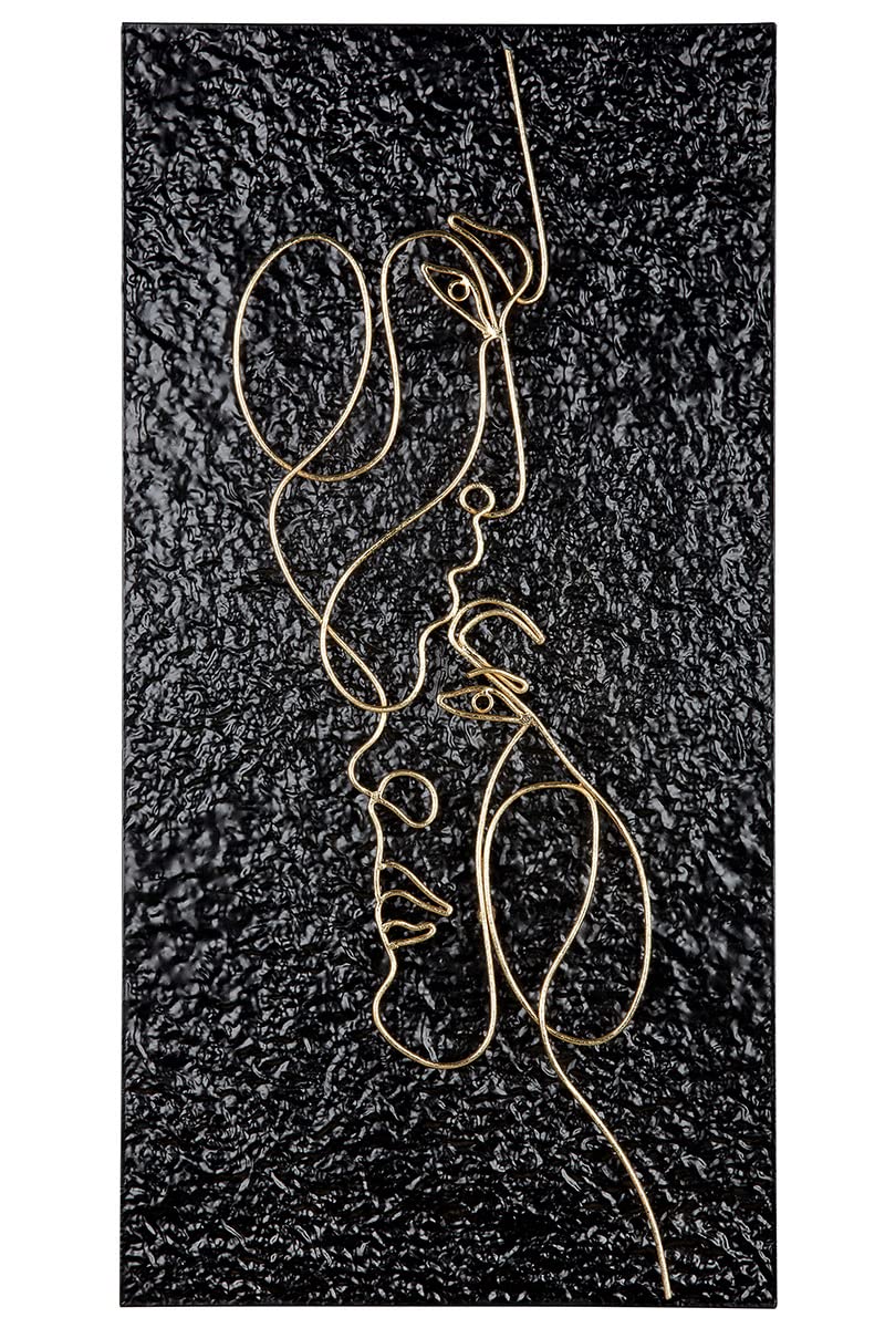 Casablanca Decoración de pared en relieve, imagen grande XL con rasgos faciales, hecha a mano de metal, color dorado sobre fondo negro, 41 x 81 cm
