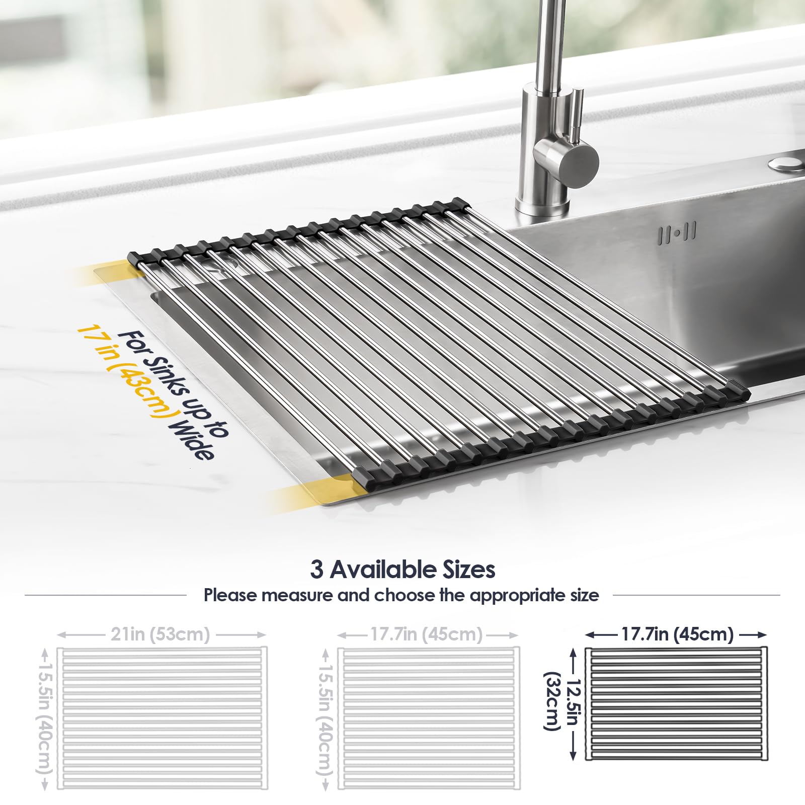 Tomorotec Roll Up Dish Drying Rack Over Sink Drying Rack Sink Cover Kitchen Sink Accessories Gadget Multipurpose Organizer Foldable Stainless Steel Drainer 45x32cm (Black) - Image 4