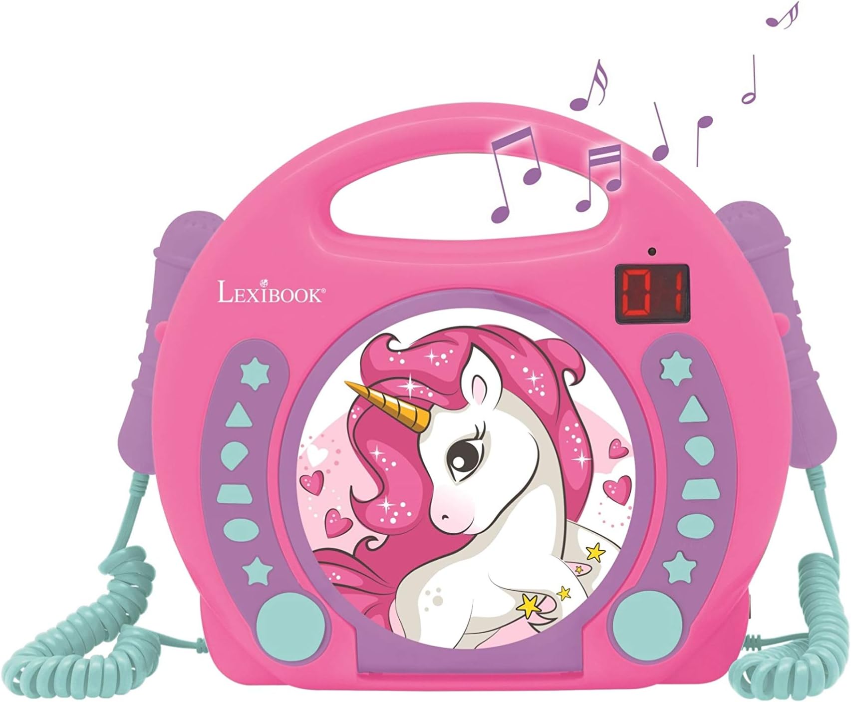 Unicorn, Portable CD player with Microphones, Music Player, Repeat and Programming, Karaoke, Headphones jack, Pink, RCDK100UNI