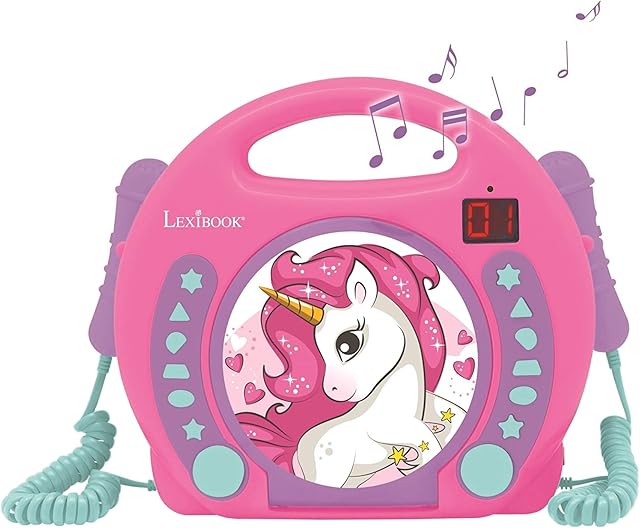 LEXIBOOK RCDK100UNI Unicorn Portable CD Microphones, Music Player, Repeat and Programming, Horse, Karaoke, Headphones Jack, for Kids, Boys, Girls, Pink/Purple