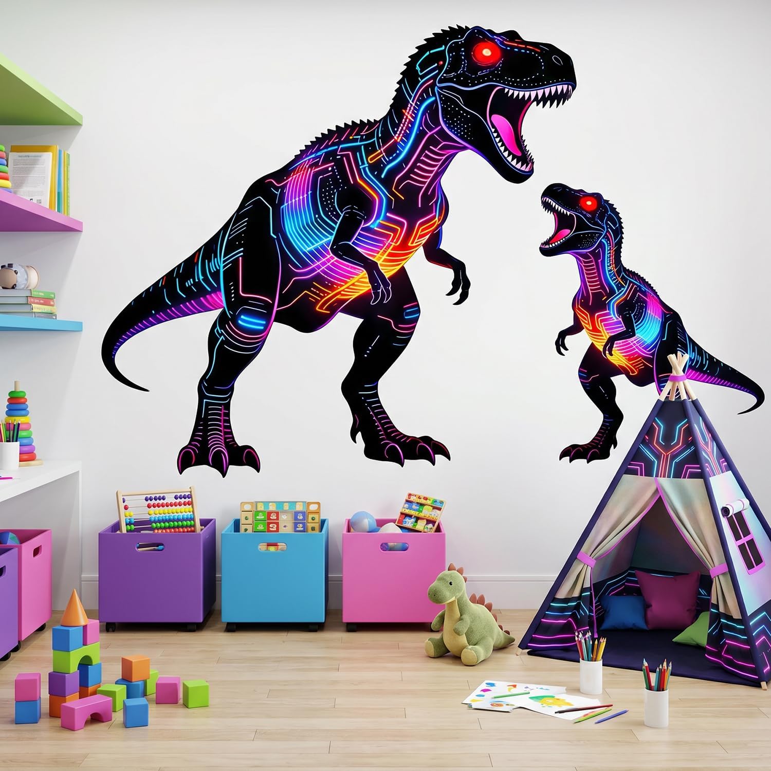 Neon Dinosaur Wall Decals, Cyberpunk T-Rex Dino Boys Wall Stickers