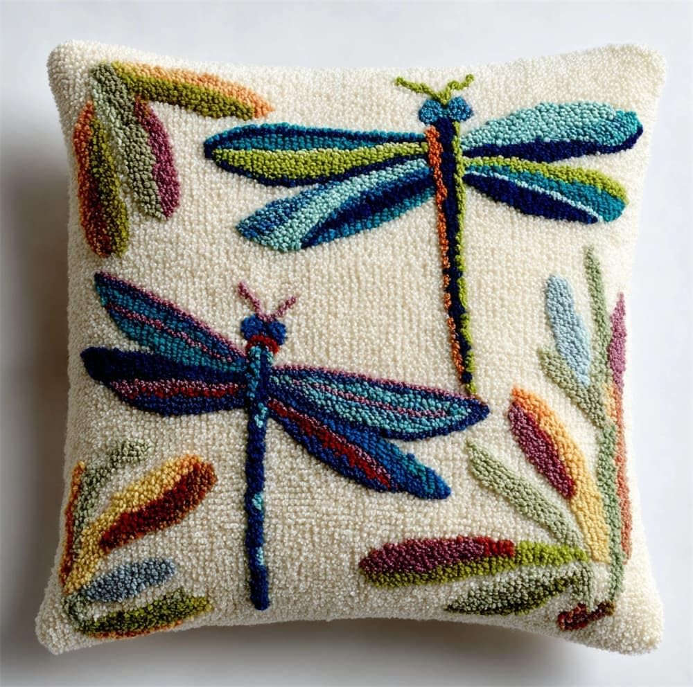 FWRTYCB Latch Hook Pillow Kits for Adults Two Dragonflies Knitting Kits Cu