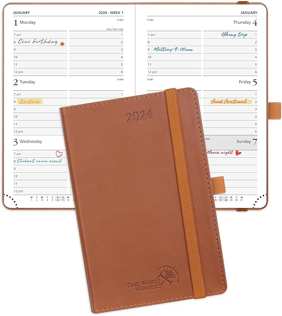 POPRUN Small Diary 2024 Pocket Diary A6 Week To View 16 x 10.5 cm Vegan Leather Soft Cover, 24 Weekly Planner with Work Appointment, 100GSM FSC® Paper - Brown
