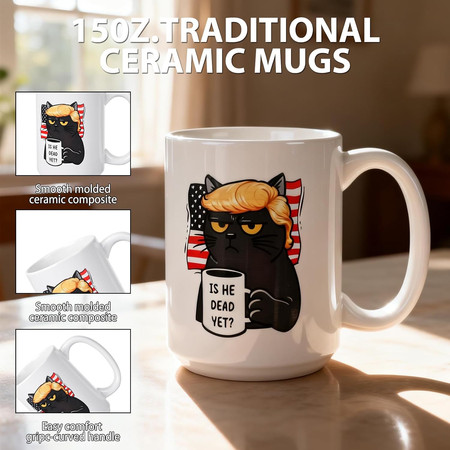 Is He Dead Yet Coffee Mug, 15 oz Ceramic FDT Cup, Fuck Trump Mug, Coffee Cups, Black Cat, Gifts for Coworkers, Funny Gifts for Liberal，Halloween Decorations
