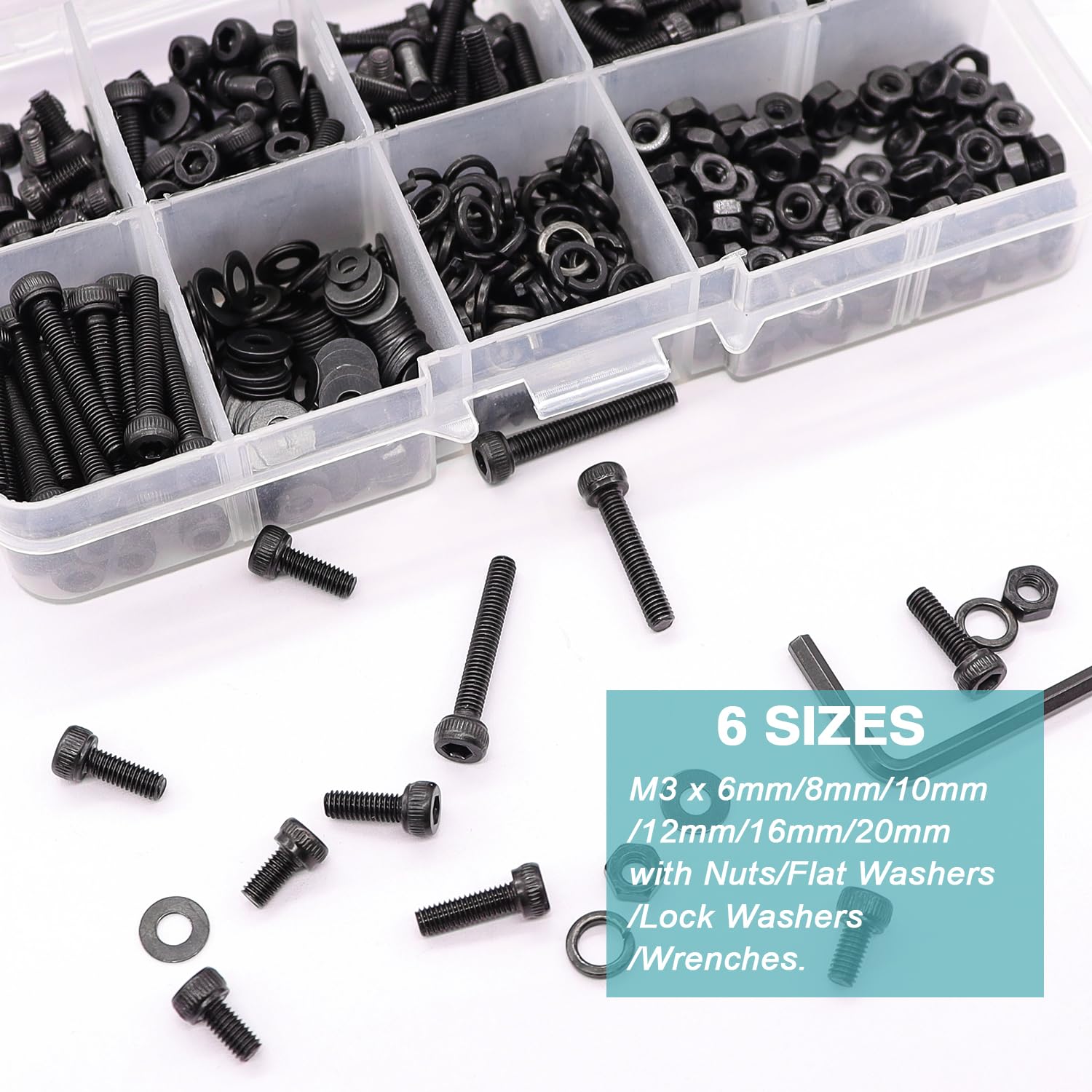 Taiss 620PCS M3 Screw Kit,Hex Socket Head Cap Bolts Assortment with Nuts and Washers,M3 x 6/8/10/12/16/20mm,12.9 Grade Alloy Steel Black Zinc Plated Small Metric Screws for 3D Printing