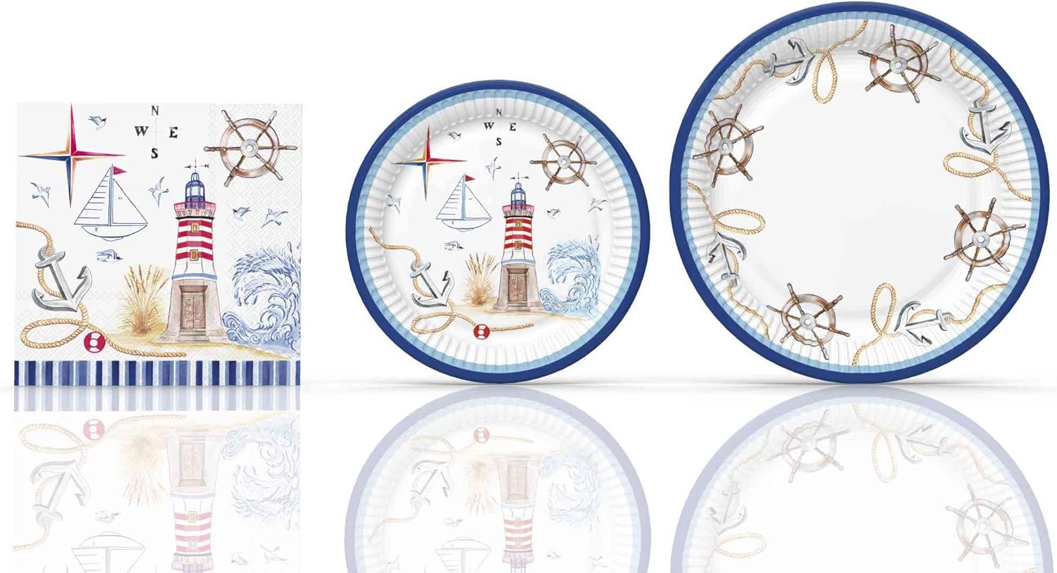 SEASIDE Nautical Party Supplies Set, Dinner & Dessert Plates, Sea Life Lunch Napkins, Eco Friendly Disposable Plates, Nautical Party Decoration (SERVES 16)