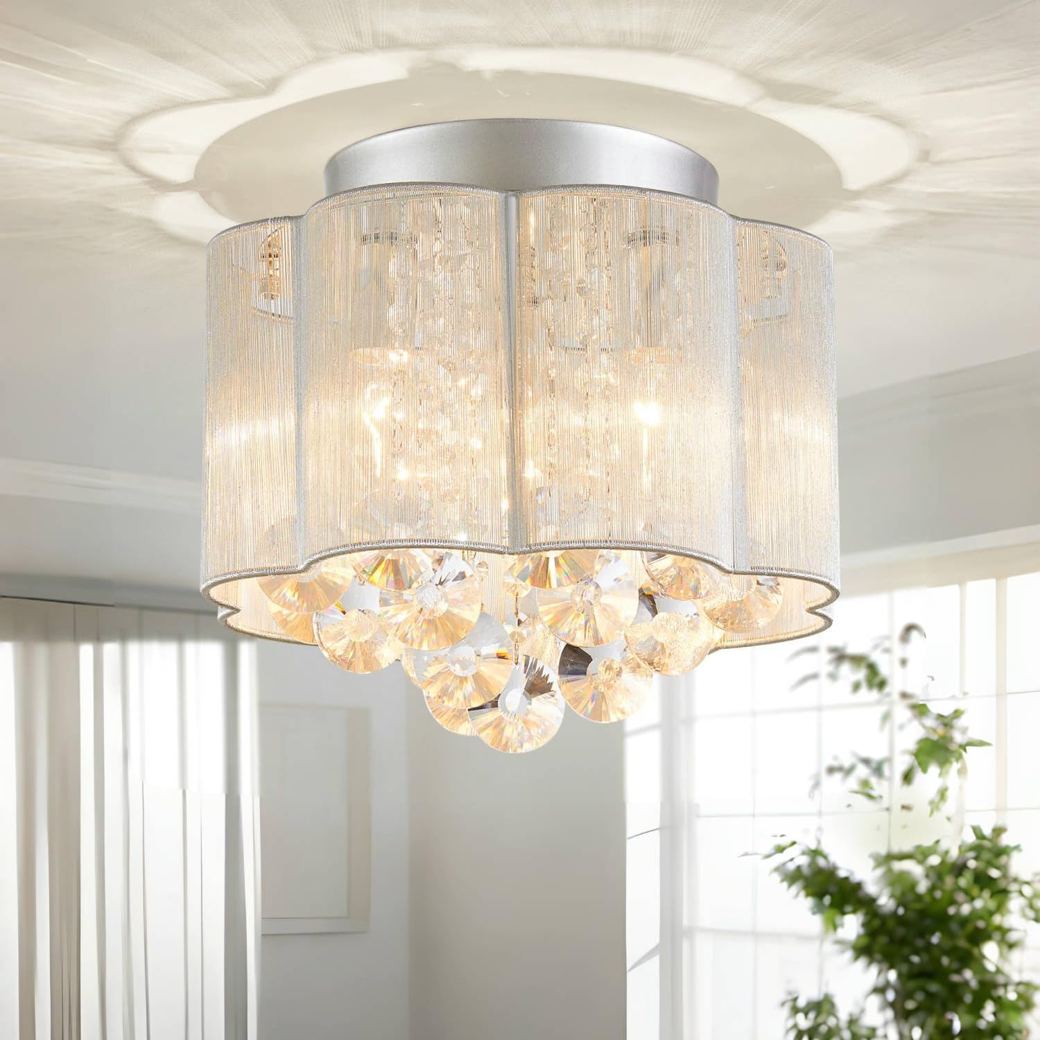 AGV LIGHTING Crystal Flush Mount Ceiling Light with White Fabric Shade, 12 Inch Modern Drum Ceiling Light Fixture, 3-Light E12 Low Profile Ceiling Light for Bedroom Living Room Hallway Entryway