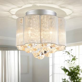 AGV LIGHTING Crystal Flush Mount Ceiling Light with White Fabric Shade, 12 Inch Modern Drum Ceiling Light Fixture, 3-Light E12 Low Profile Ceiling Light for Bedroom Living Room Hallway Entryway
