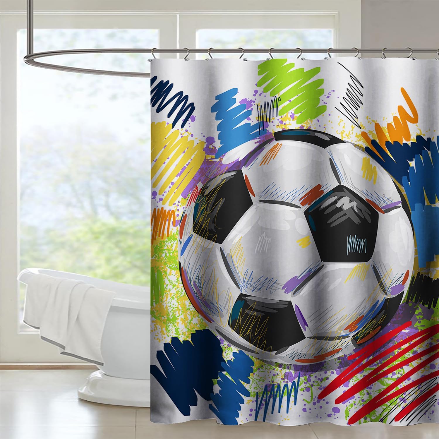 AILONEN Soccer Shower Curtain,Colorful Football Shower Curtain Kids Bathroom,Graffiti Style Sport Shower Curtain 72" W*72" H,12 Pack Hooks Polyester Waterproof Fabric Decor for Bathroom