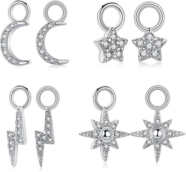 CERSLIMO Silver Dangle Hoop Earrings for Womens Girls - 2 Pairs Silver Earrings & 4 Pairs Silver Dangle Pendants | S925 Sterling Silver Earrings With Dangle Drop Cubic Zirconia Earrings Set
