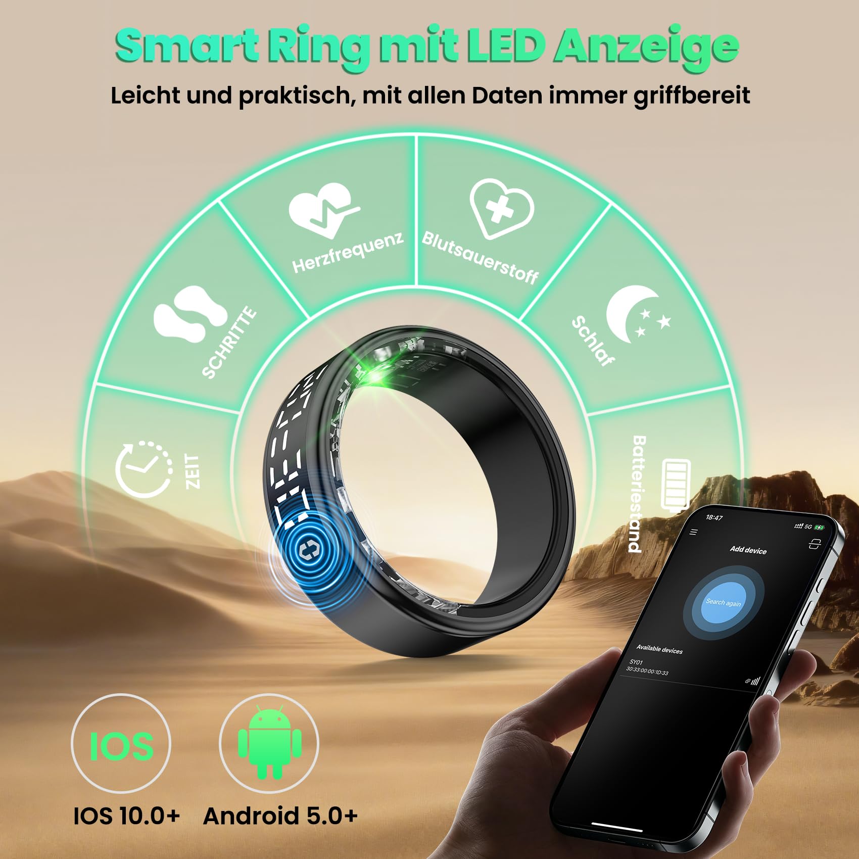 Smart Ring für Herren Damen, 2026 Upgrade Smartringe mit LED Anzeige, Fitness Ring IP68 Wasserdicht, Gesundheitsring mit Herzfrequenz/SpO2/Schlaftracker für Android und iOS