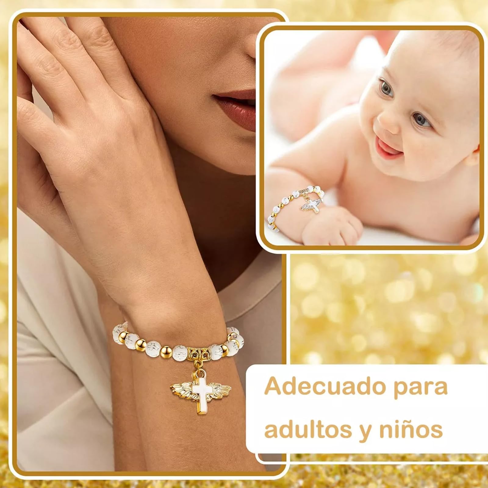 Set di bomboniere per battesimo da 20 pezzi: 20 braccialetti con croce rosario angelo, 20 scatole per battesimo, 20 sacchetti in organza, 20 etichette